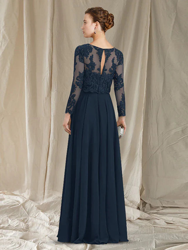 Wholesale A-Line Mother of the Bride Dress Elegant Jewel Neck Floor Length Chiffon Lace Long Sleeve with Appliques